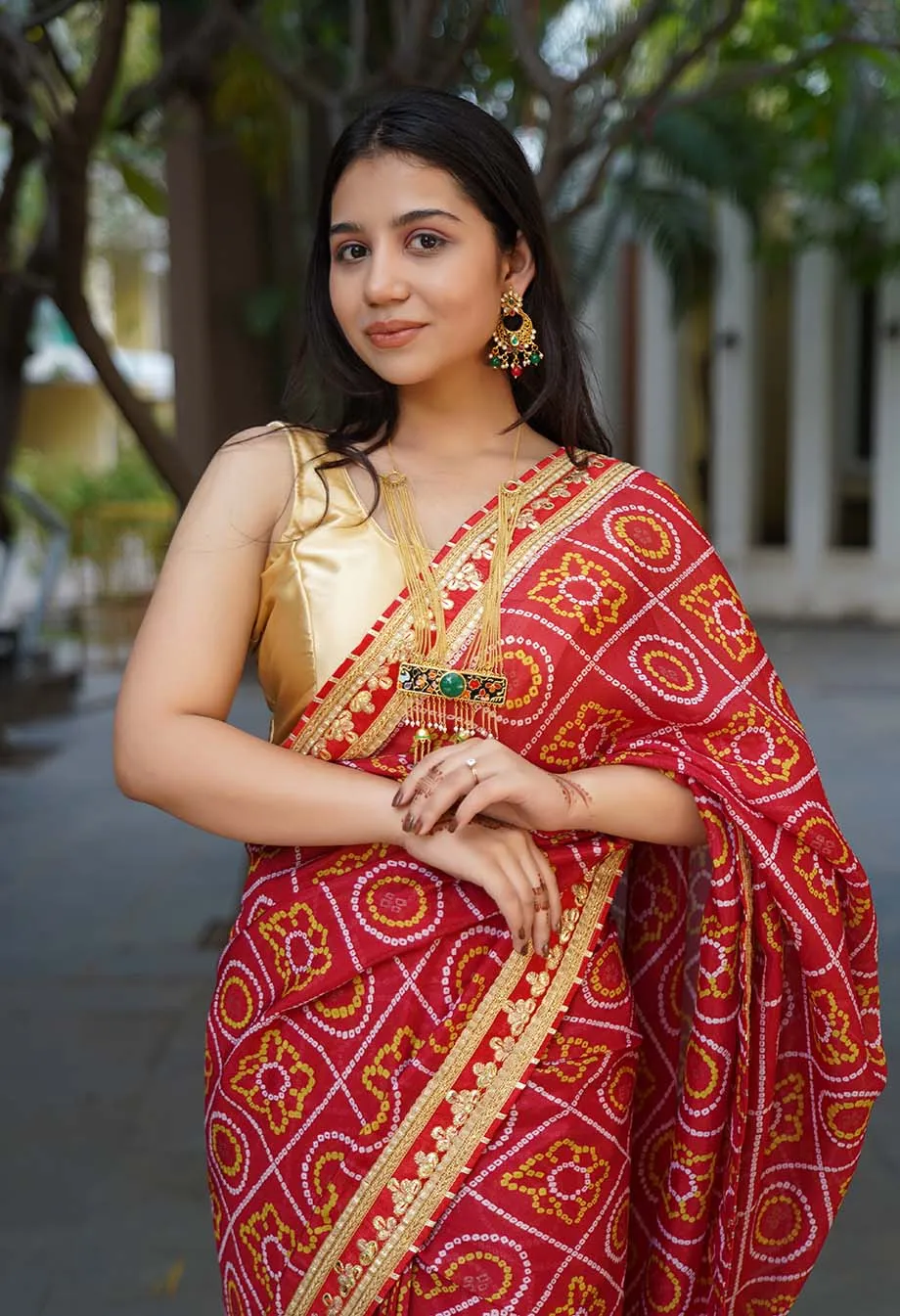 GEORGETTE SATIN SILK BANDHANI READY TO WEAR SAREE WITH TRADITIONAL RAJASTHANI GOTA PATTI BORDER