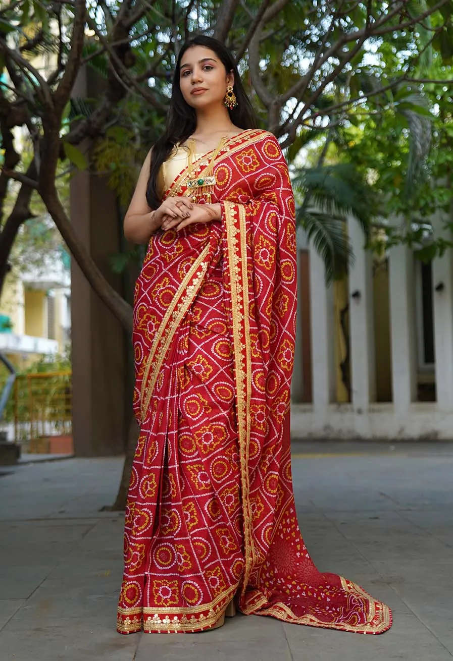 GEORGETTE SATIN SILK BANDHANI READY TO WEAR SAREE WITH TRADITIONAL RAJASTHANI GOTA PATTI BORDER