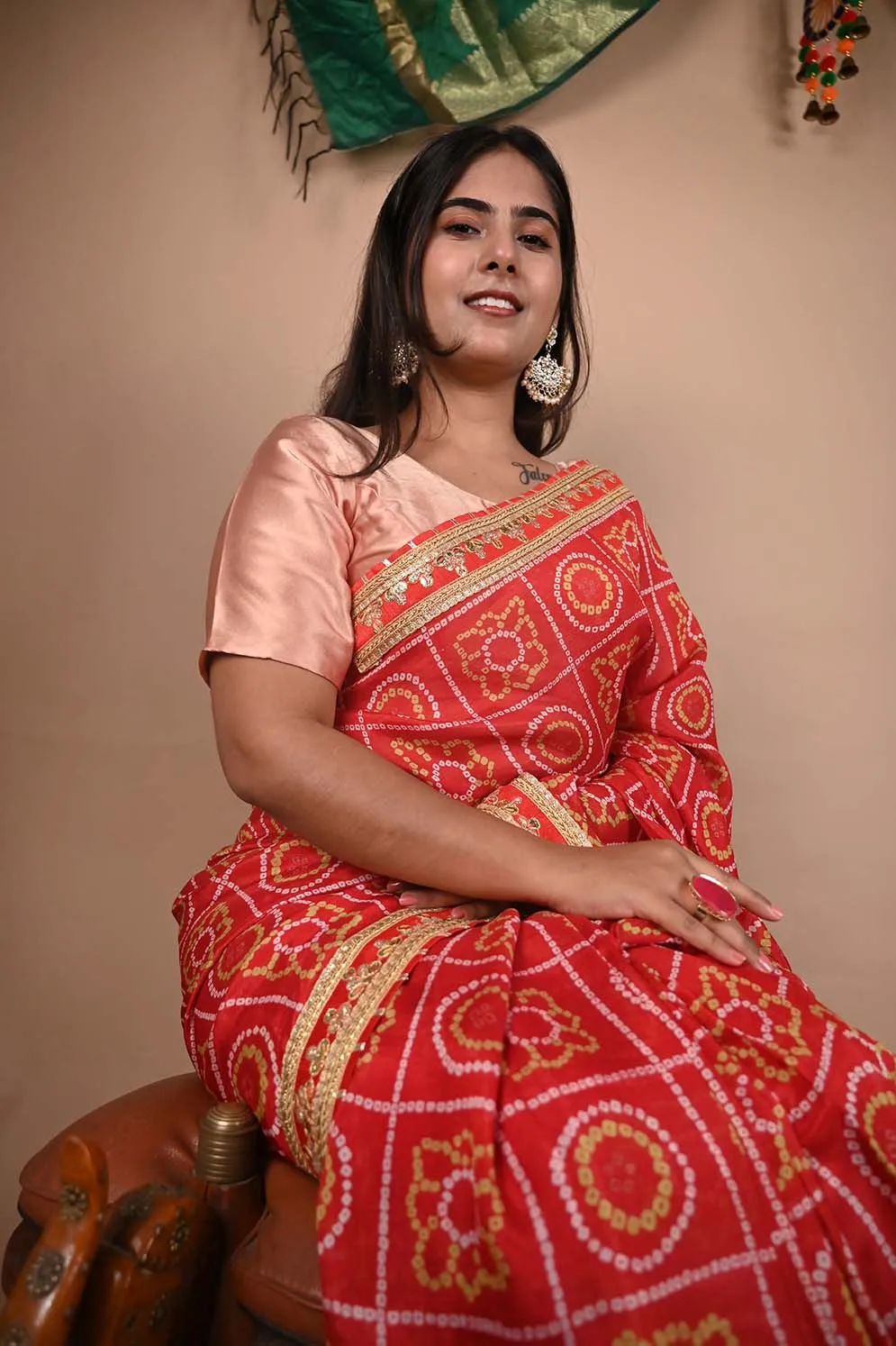 GEORGETTE SATIN SILK BANDHANI READY TO WEAR SAREE WITH TRADITIONAL RAJASTHANI GOTA PATTI BORDER
