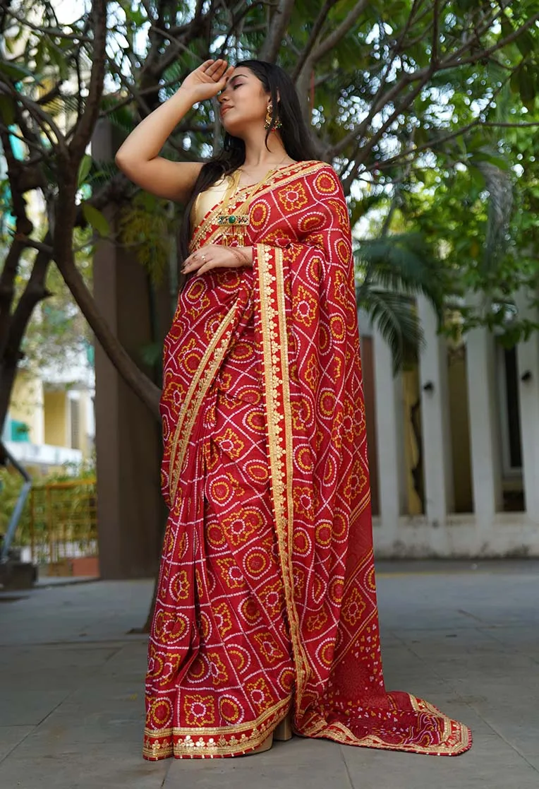 GEORGETTE SATIN SILK BANDHANI READY TO WEAR SAREE WITH TRADITIONAL RAJASTHANI GOTA PATTI BORDER