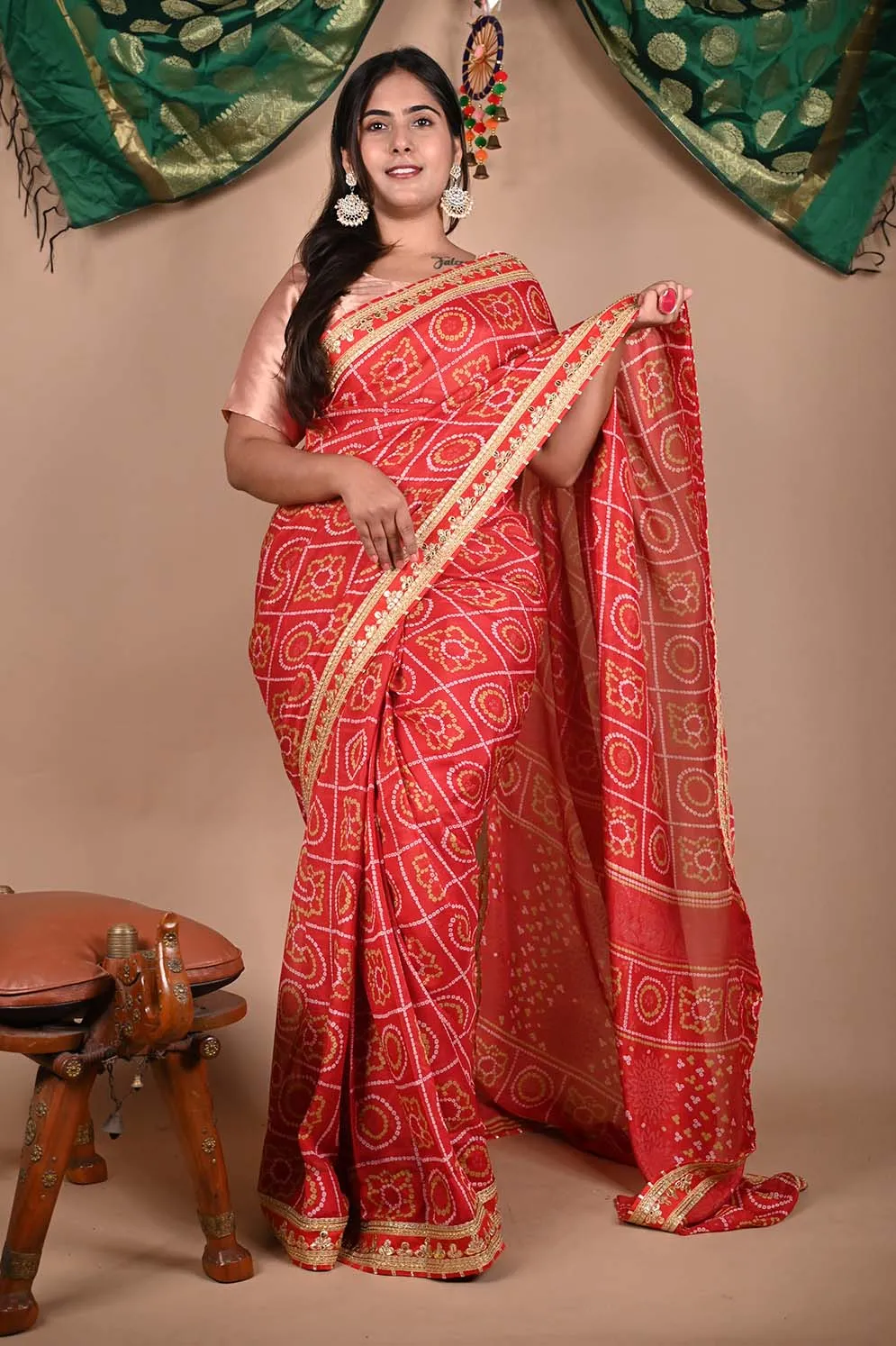 GEORGETTE SATIN SILK BANDHANI READY TO WEAR SAREE WITH TRADITIONAL RAJASTHANI GOTA PATTI BORDER