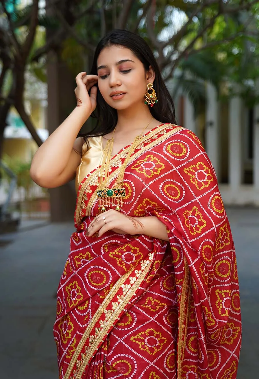 GEORGETTE SATIN SILK BANDHANI READY TO WEAR SAREE WITH TRADITIONAL RAJASTHANI GOTA PATTI BORDER