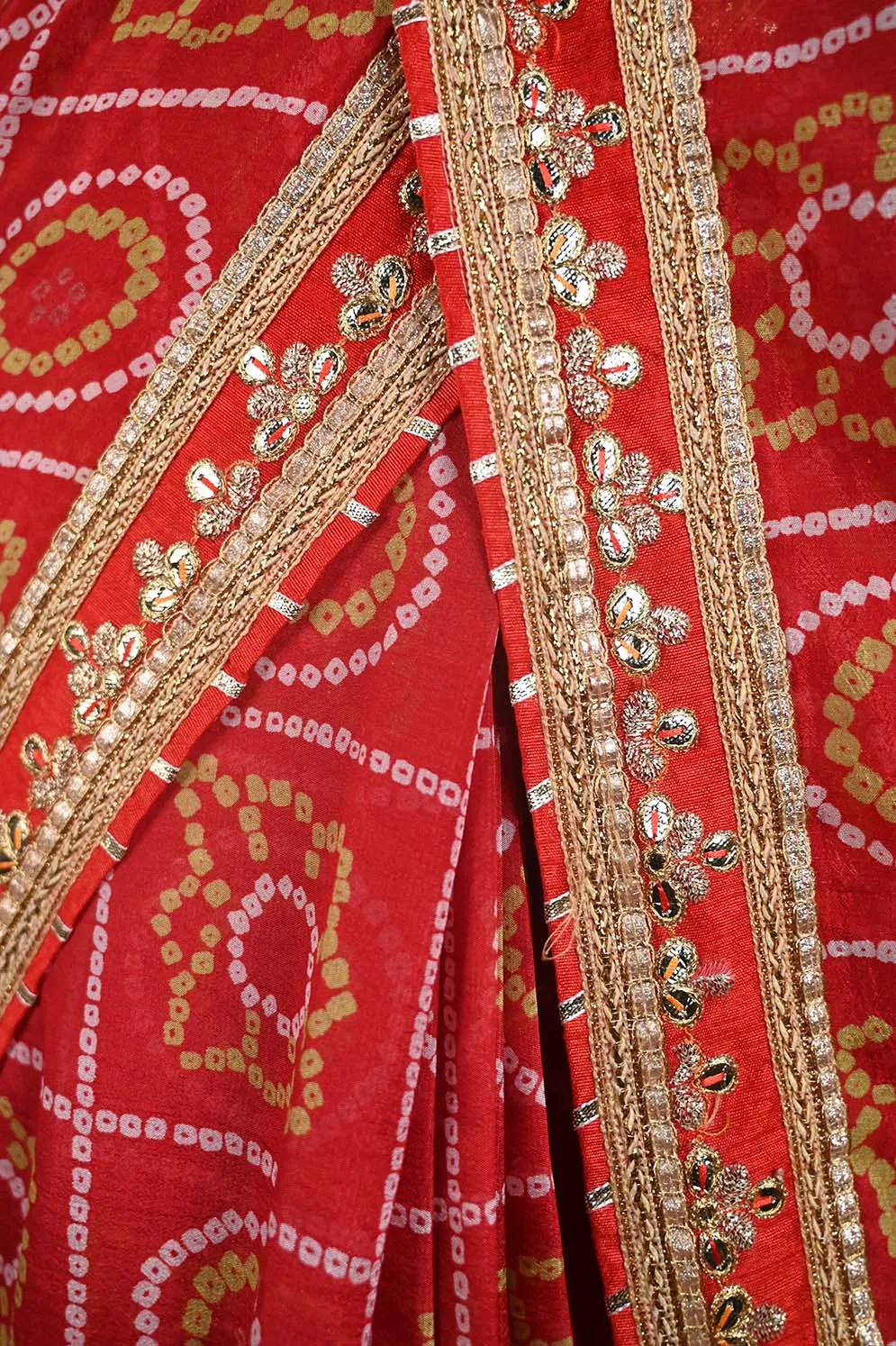 GEORGETTE SATIN SILK BANDHANI READY TO WEAR SAREE WITH TRADITIONAL RAJASTHANI GOTA PATTI BORDER
