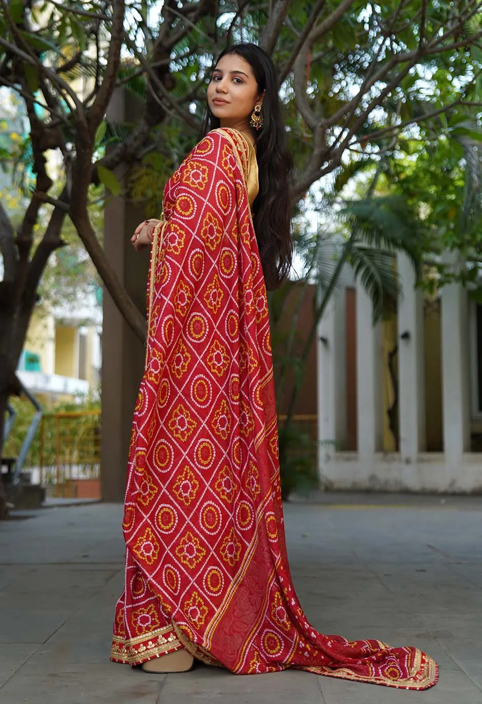 GEORGETTE SATIN SILK BANDHANI READY TO WEAR SAREE WITH TRADITIONAL RAJASTHANI GOTA PATTI BORDER