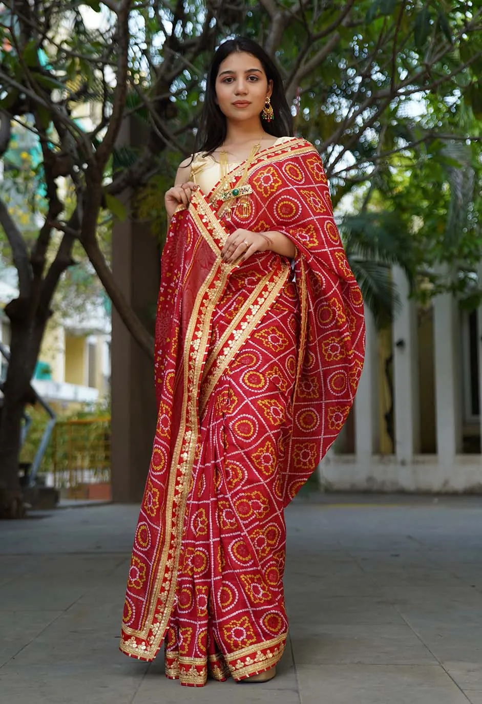 GEORGETTE SATIN SILK BANDHANI READY TO WEAR SAREE WITH TRADITIONAL RAJASTHANI GOTA PATTI BORDER