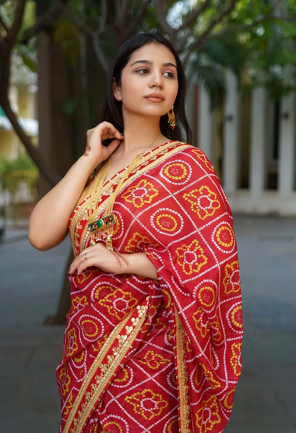 GEORGETTE SATIN SILK BANDHANI READY TO WEAR SAREE WITH TRADITIONAL RAJASTHANI GOTA PATTI BORDER