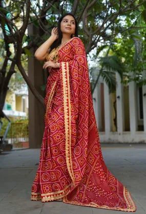 GEORGETTE SATIN SILK BANDHANI READY TO WEAR SAREE WITH TRADITIONAL RAJASTHANI GOTA PATTI BORDER