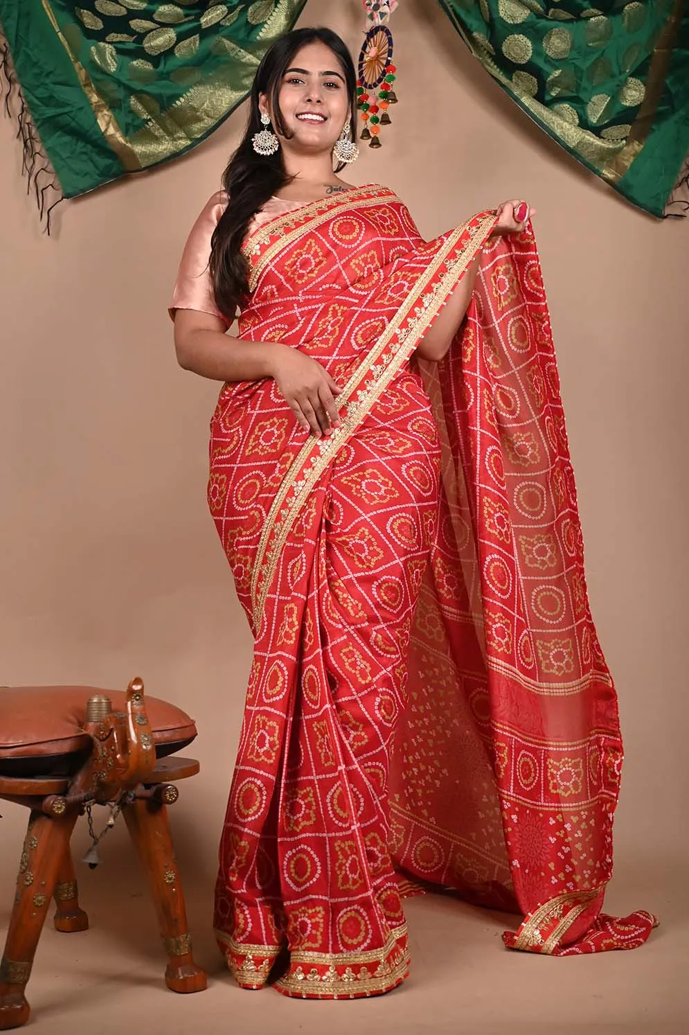 GEORGETTE SATIN SILK BANDHANI READY TO WEAR SAREE WITH TRADITIONAL RAJASTHANI GOTA PATTI BORDER