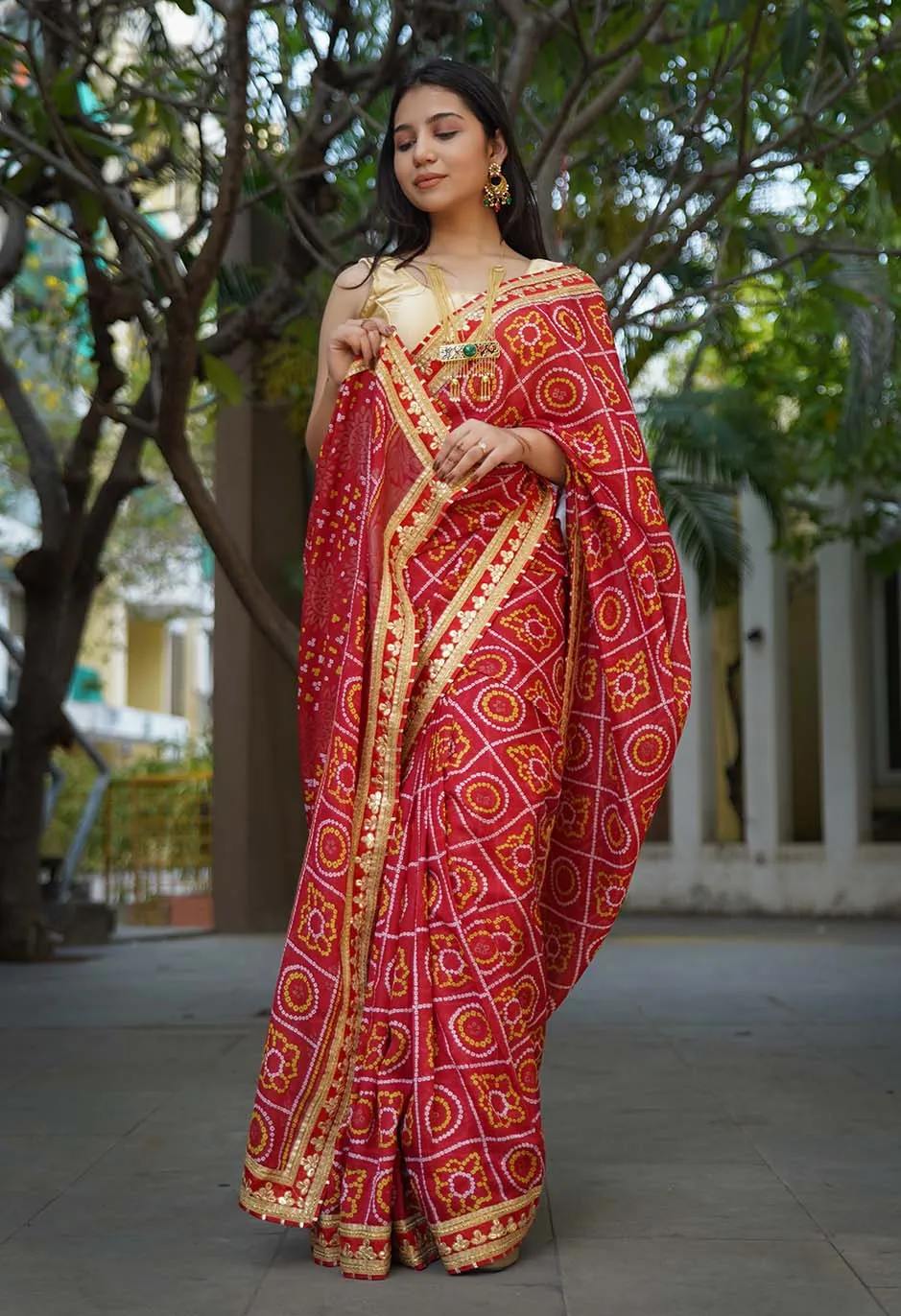 GEORGETTE SATIN SILK BANDHANI READY TO WEAR SAREE WITH TRADITIONAL RAJASTHANI GOTA PATTI BORDER