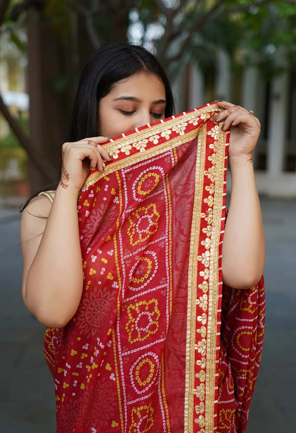 GEORGETTE SATIN SILK BANDHANI READY TO WEAR SAREE WITH TRADITIONAL RAJASTHANI GOTA PATTI BORDER