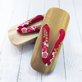 Geta Sandals - Cherry Blossom Embroidery Red (25.5 cm)