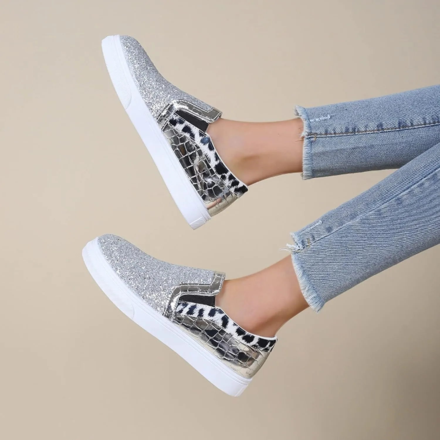 HINDOLA Women Rhinestone Platform Loafers Glitter Fashion Slip-On Sparkle Casual Flat Walking Shoes Bling Sequin Sneakers Silver