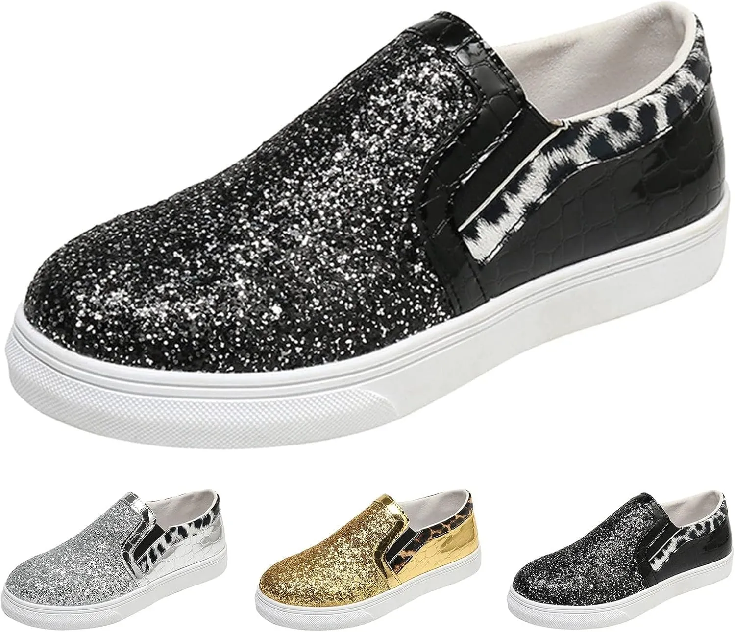 HINDOLA Women Rhinestone Platform Loafers Glitter Fashion Slip-On Sparkle Casual Flat Walking Shoes Bling Sequin Sneakers Silver