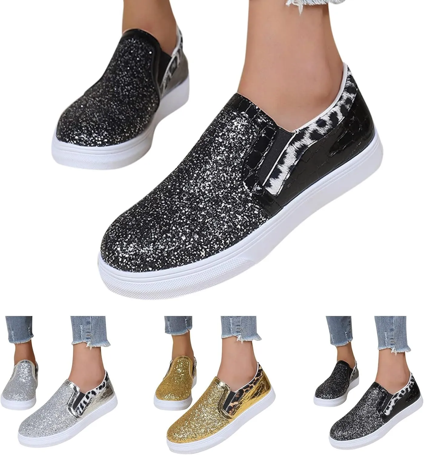 HINDOLA Women Rhinestone Platform Loafers Glitter Fashion Slip-On Sparkle Casual Flat Walking Shoes Bling Sequin Sneakers Silver