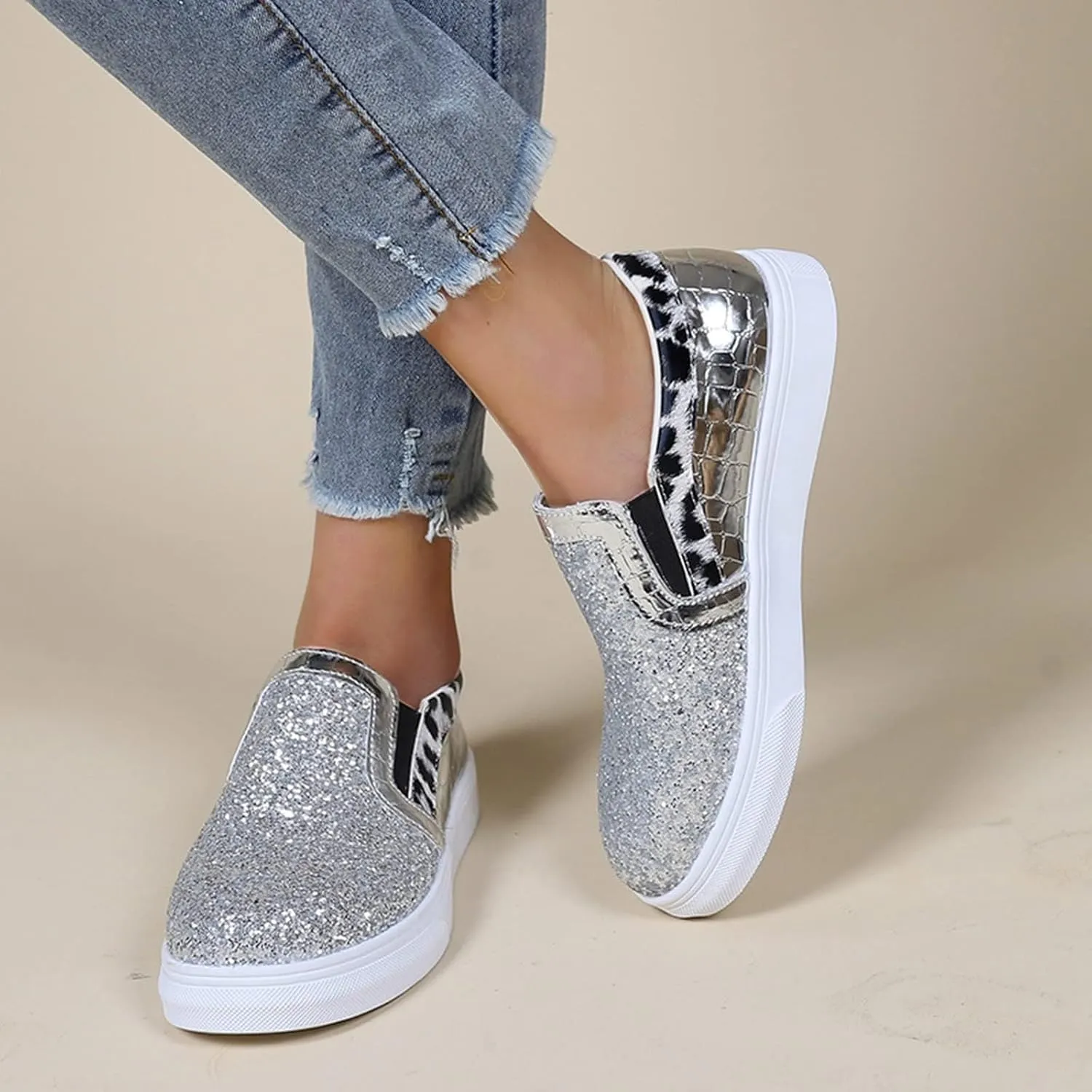 HINDOLA Women Rhinestone Platform Loafers Glitter Fashion Slip-On Sparkle Casual Flat Walking Shoes Bling Sequin Sneakers Silver