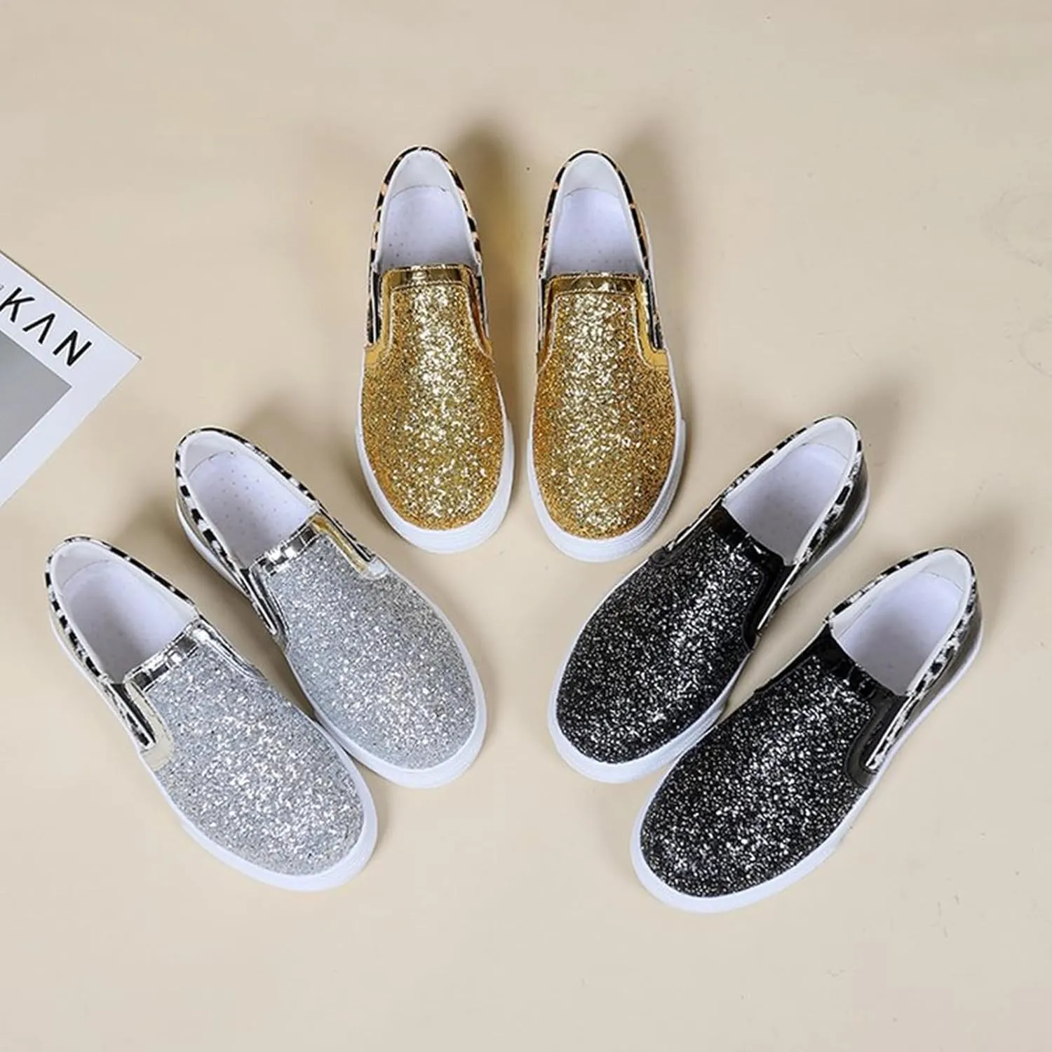 HINDOLA Women Rhinestone Platform Loafers Glitter Fashion Slip-On Sparkle Casual Flat Walking Shoes Bling Sequin Sneakers Silver