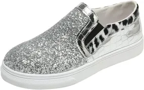 HINDOLA Women Rhinestone Platform Loafers Glitter Fashion Slip-On Sparkle Casual Flat Walking Shoes Bling Sequin Sneakers Silver