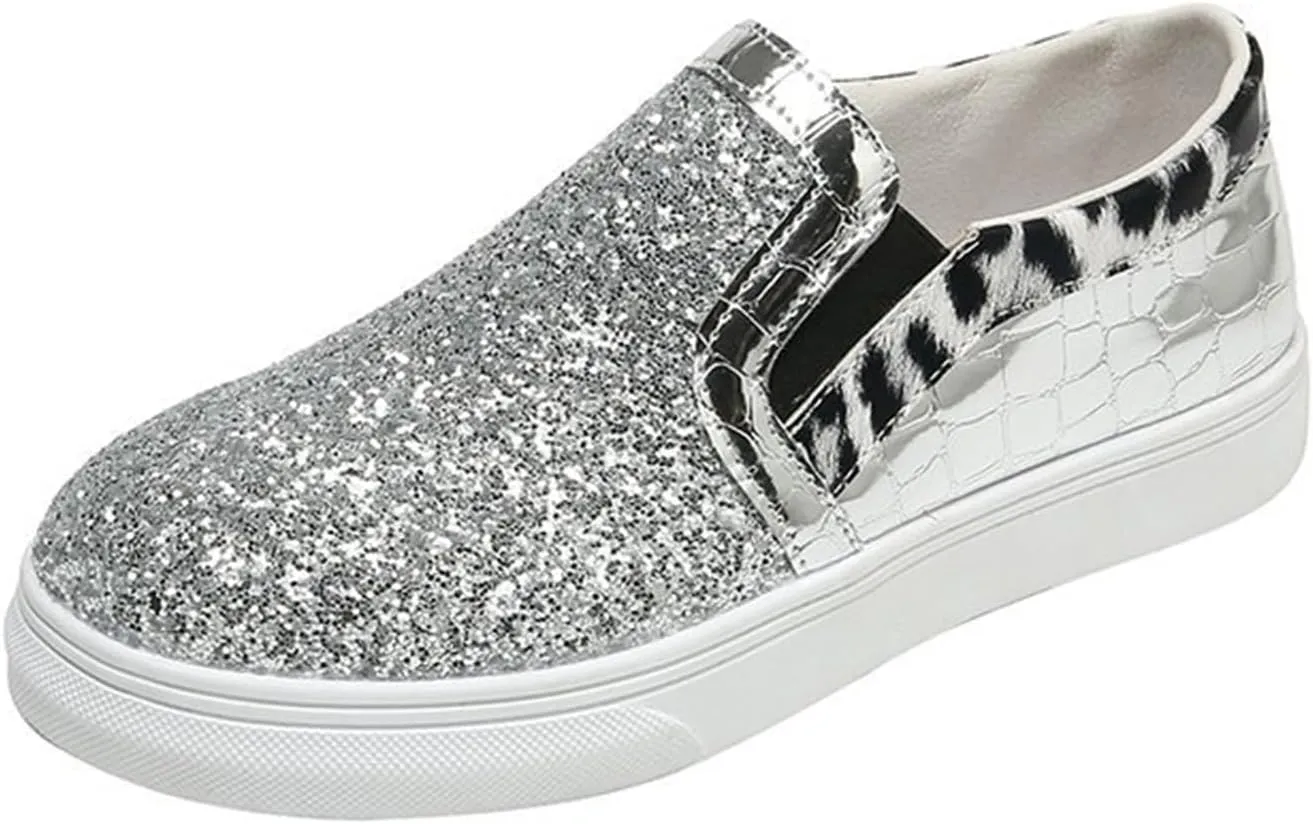 HINDOLA Women Rhinestone Platform Loafers Glitter Fashion Slip-On Sparkle Casual Flat Walking Shoes Bling Sequin Sneakers Silver