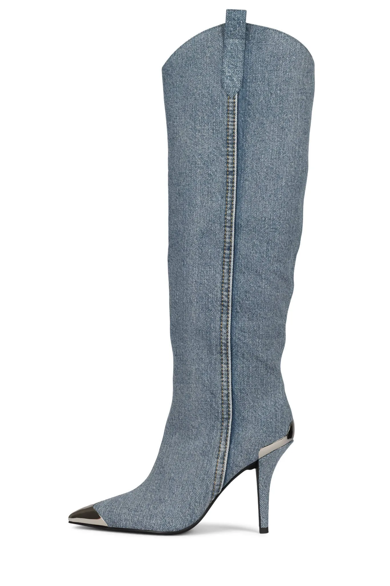 Jeffrey Campbell By-Golly Blue Acid Wash Denim Silver Stiletto Heel Boots