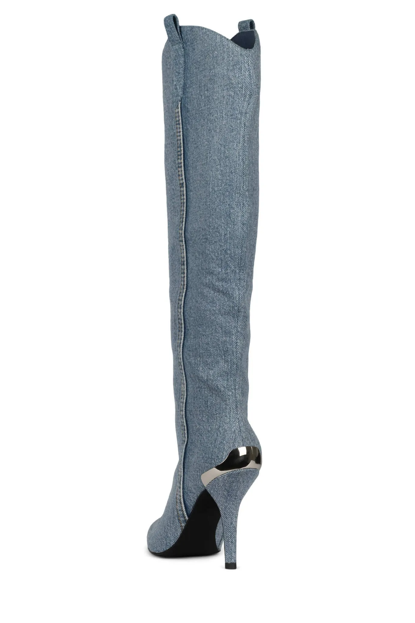 Jeffrey Campbell By-Golly Blue Acid Wash Denim Silver Stiletto Heel Boots