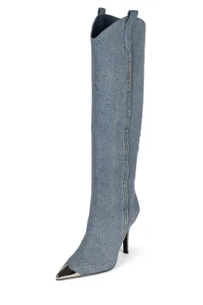 Jeffrey Campbell By-Golly Blue Acid Wash Denim Silver Stiletto Heel Boots