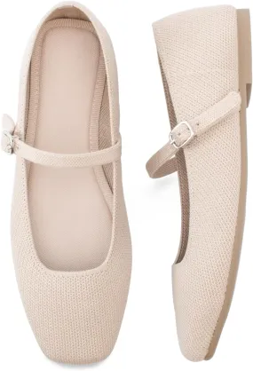 Knit Flats for Women Square Toe Flats Casual Ballet Flats with Ankle Strap,Mary Jane Shoes Women Comfortable for Dressy Office