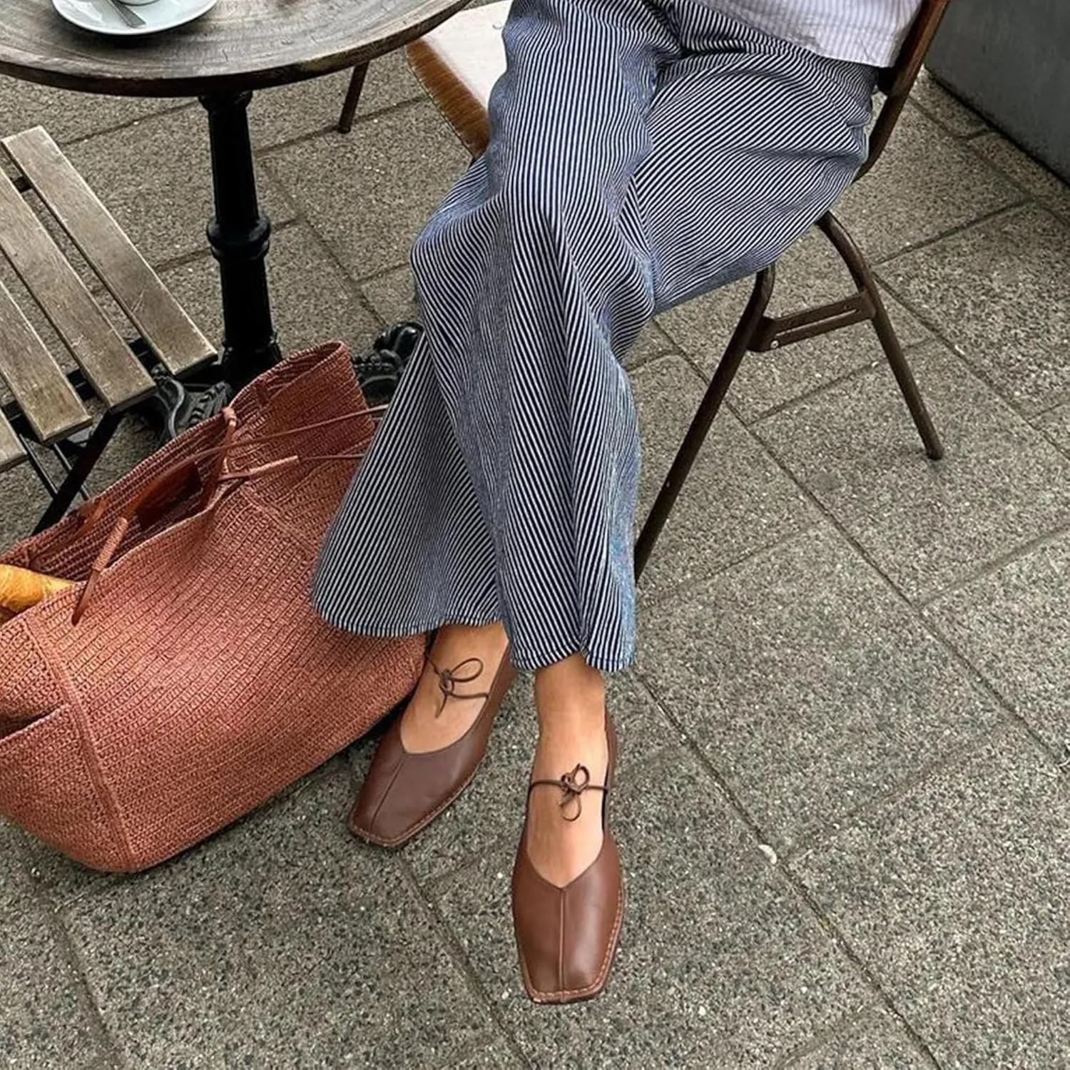Lace Up Square Toe Ballet Flats for Women Cute Bow Slip On Mary Jane Flats Casual Ballerina Shoes