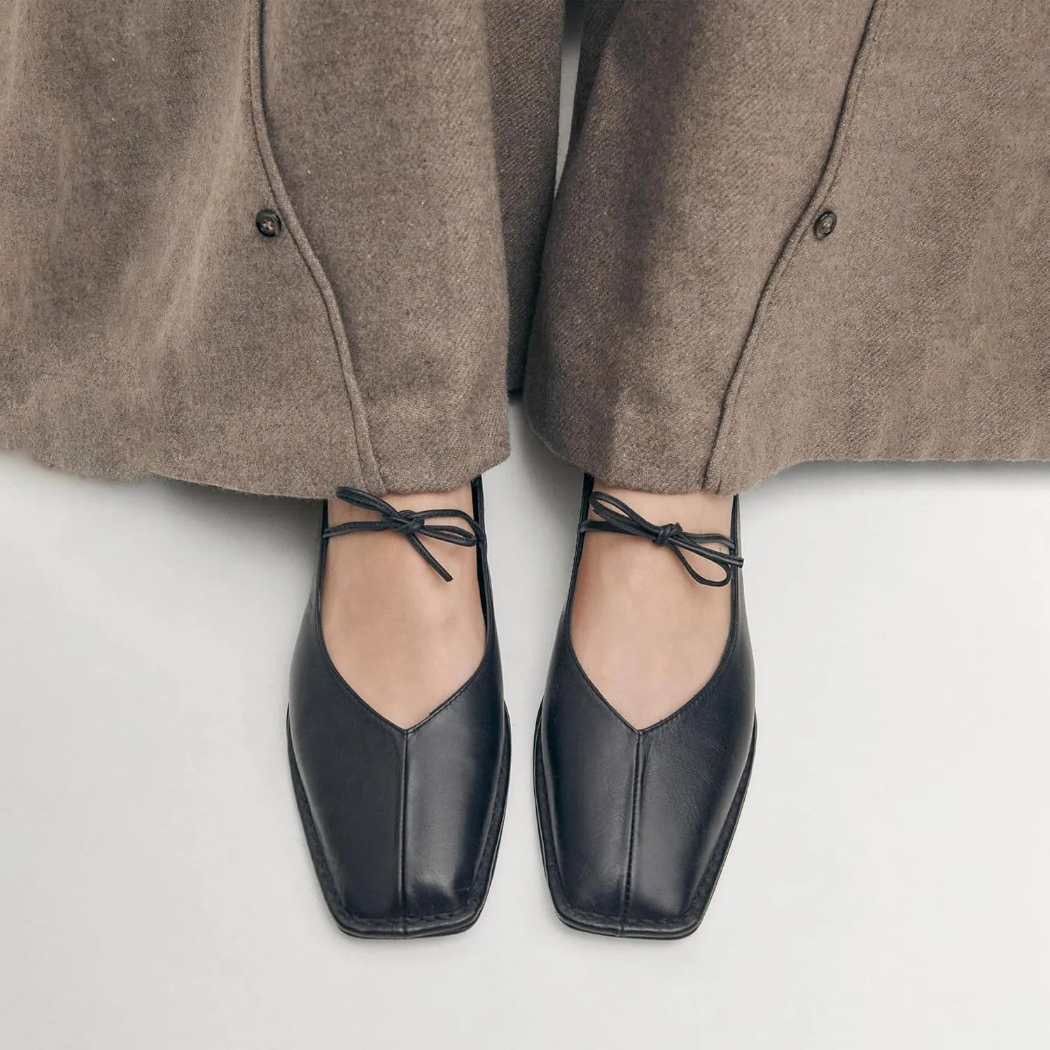 Lace Up Square Toe Ballet Flats for Women Cute Bow Slip On Mary Jane Flats Casual Ballerina Shoes