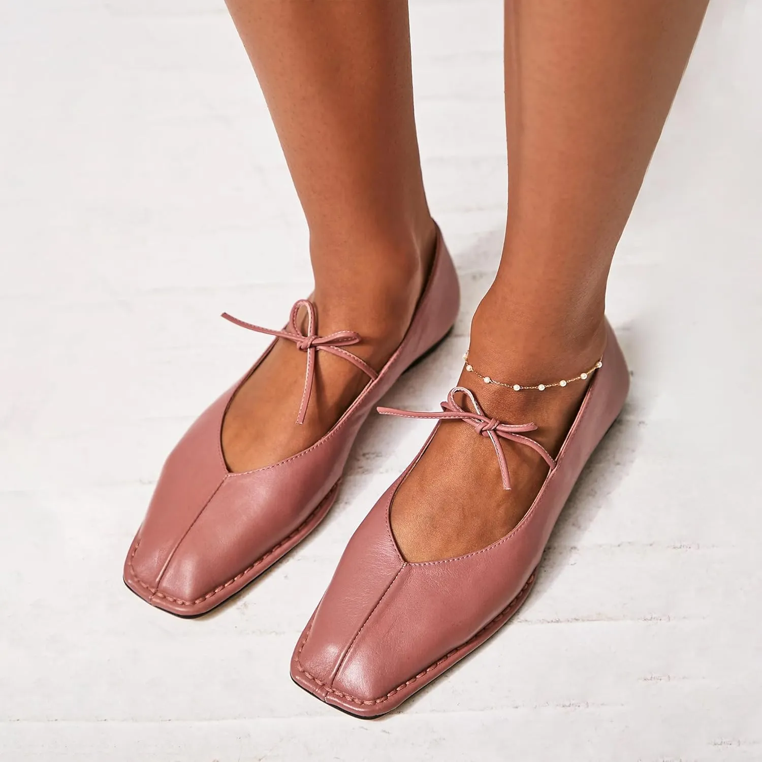 Lace Up Square Toe Ballet Flats for Women Cute Bow Slip On Mary Jane Flats Casual Ballerina Shoes