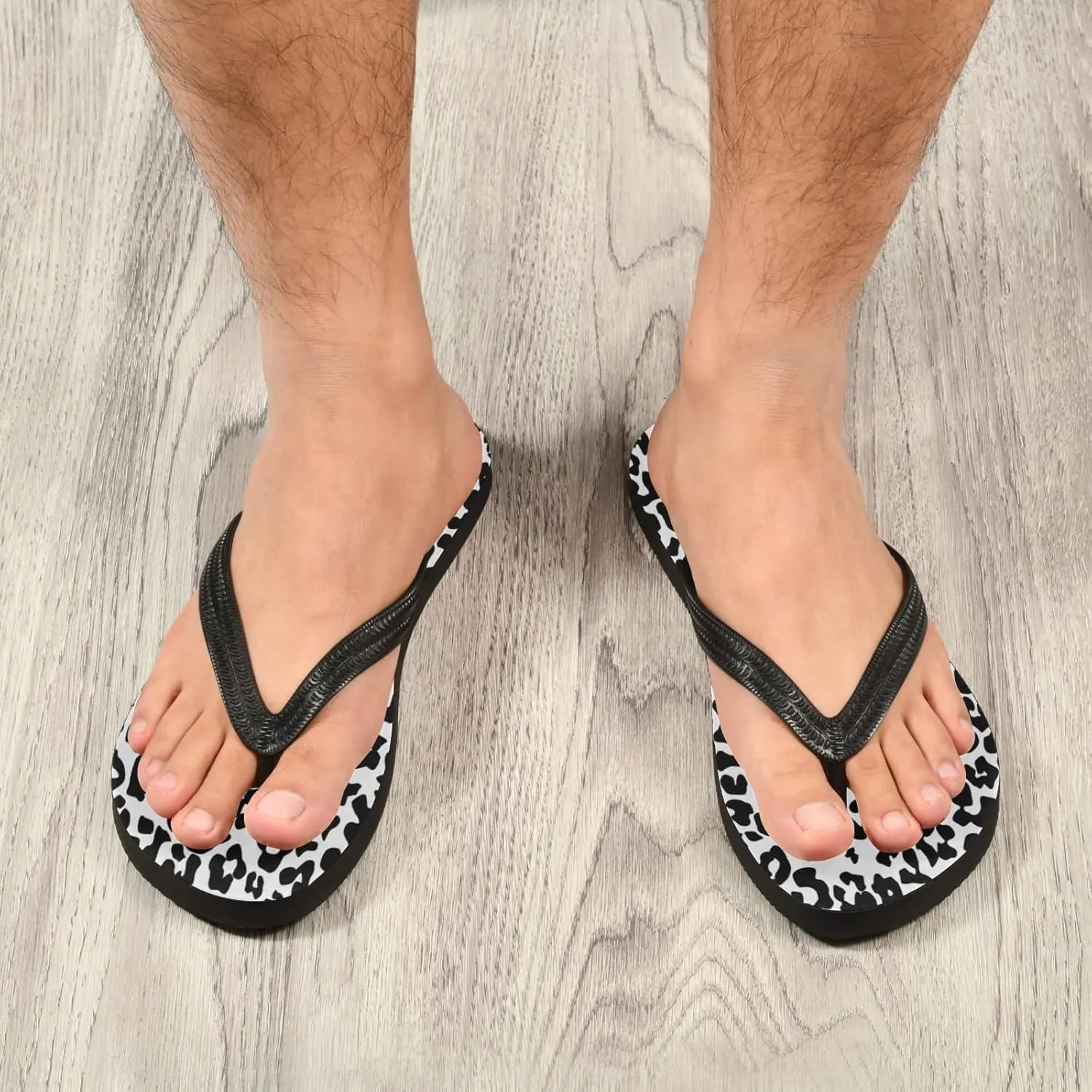 Leopard Animal Skin Pattern Womens Flip Flops Monochrome Black White Print Summer Beach Sandals Casual Thong Slippers Comfortable Shower Slippers Non Slip Water Sandals shoes L