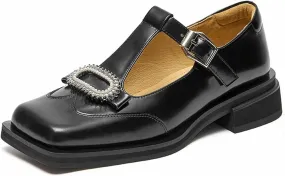 Loafers for Women Women’s Handmade Cow Leather Retro Square Toe Bling Flats with Crystal Pearl Decor and Buckle Strap