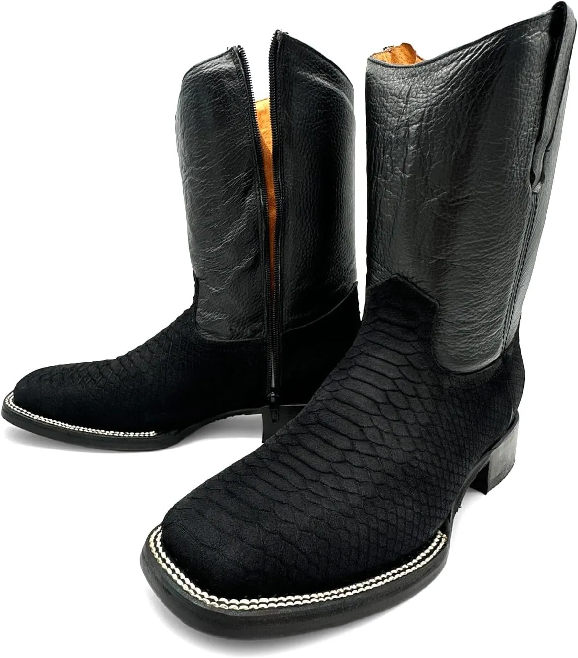 Men’s Embossed Python Snake Print Leather Boot, Full Side Zipper Square Toe Rodeo Western Cowboy Boot