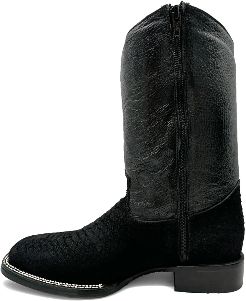 Men’s Embossed Python Snake Print Leather Boot, Full Side Zipper Square Toe Rodeo Western Cowboy Boot