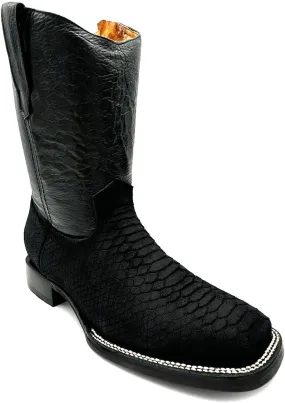 Men’s Embossed Python Snake Print Leather Boot, Full Side Zipper Square Toe Rodeo Western Cowboy Boot