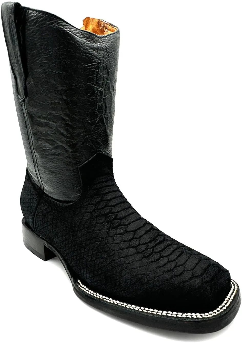 Men’s Embossed Python Snake Print Leather Boot, Full Side Zipper Square Toe Rodeo Western Cowboy Boot