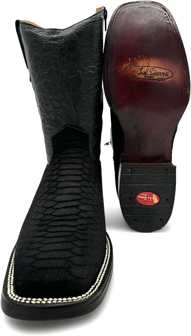 Men’s Embossed Python Snake Print Leather Boot, Full Side Zipper Square Toe Rodeo Western Cowboy Boot