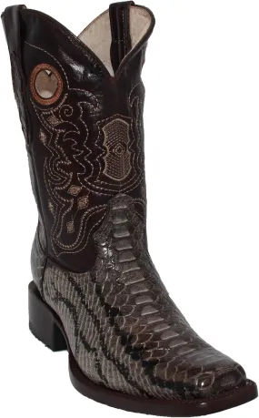 Mens Genuine Leather Python Snake Print Square Toe Cowboy Boot