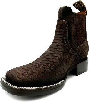 Men’s Genuine Leather Square Toe Embossed Python Snake Print Short Ankle Cowboy Boot