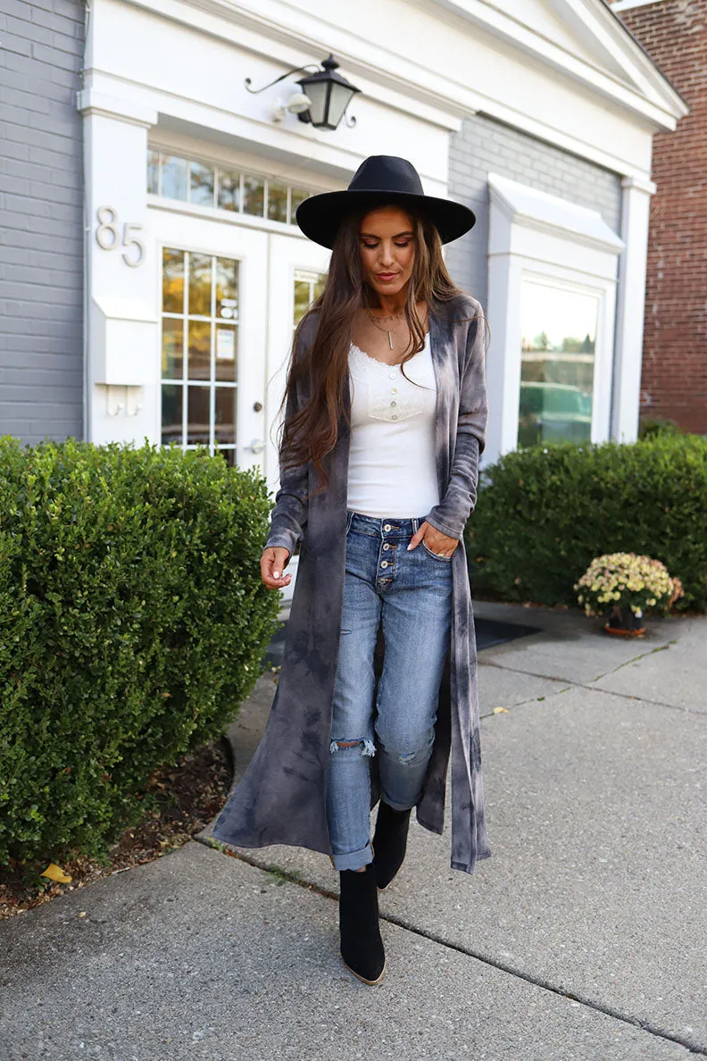 Midnight Wonder Tie Dye Side Slit Long Cardigan - Charcoal