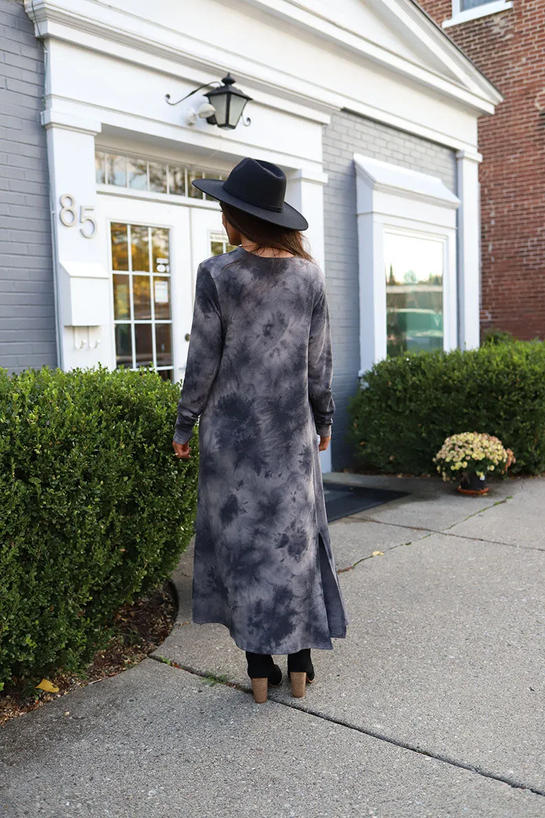 Midnight Wonder Tie Dye Side Slit Long Cardigan - Charcoal