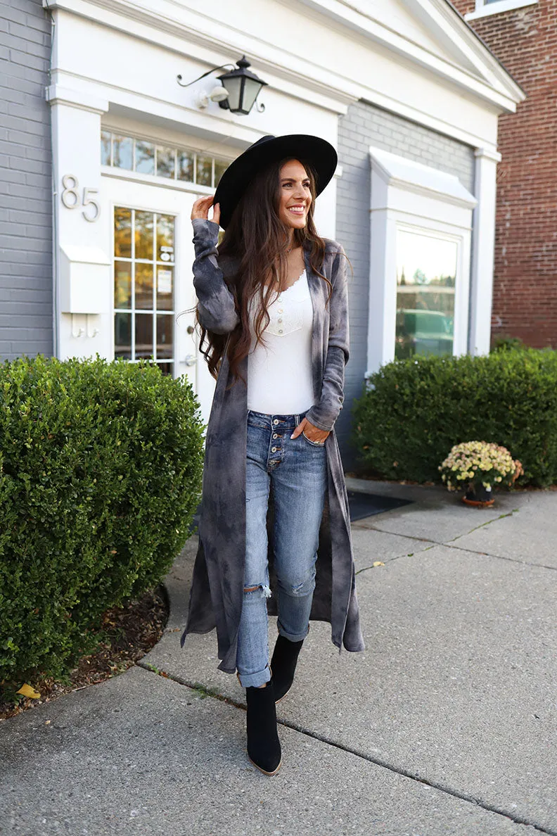 Midnight Wonder Tie Dye Side Slit Long Cardigan - Charcoal