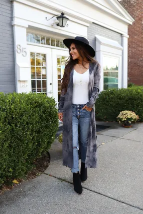 Midnight Wonder Tie Dye Side Slit Long Cardigan - Charcoal