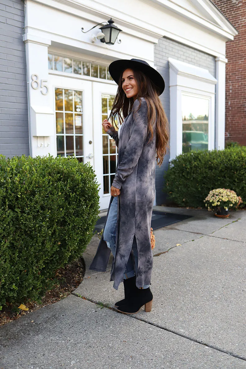 Midnight Wonder Tie Dye Side Slit Long Cardigan - Charcoal