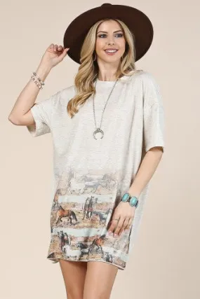 Oatmeal Horse Graphic Relaxed Shirt Dress