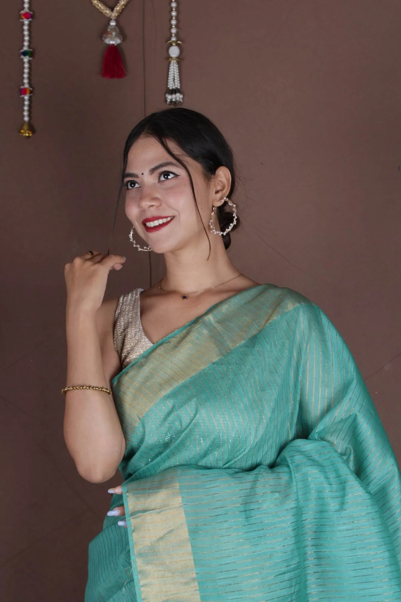 Olive green bhagalpuri cotton silk with sequinned pallu Wrap in 1 minute Saree