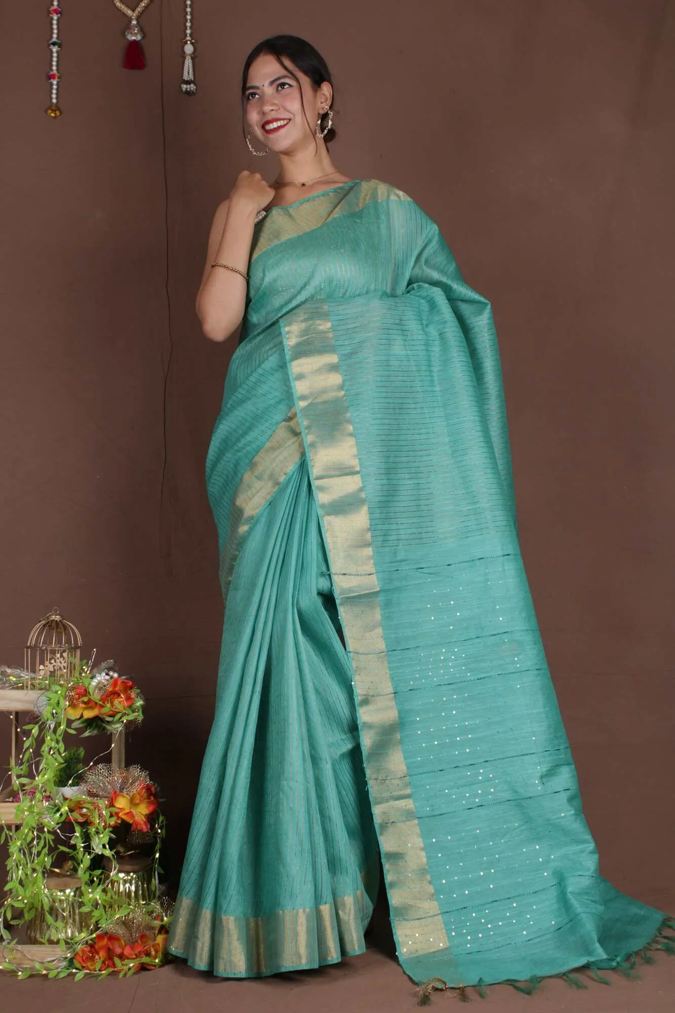 Olive green bhagalpuri cotton silk with sequinned pallu Wrap in 1 minute Saree