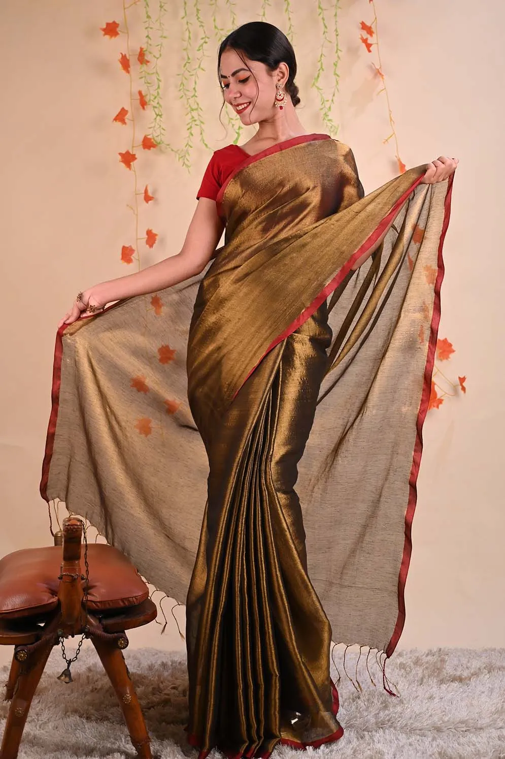 Ready To Wear Premium Organza Tissue With Tassels Dhoop Chaanv  On Pallu  Wrap in 1 minute saree
