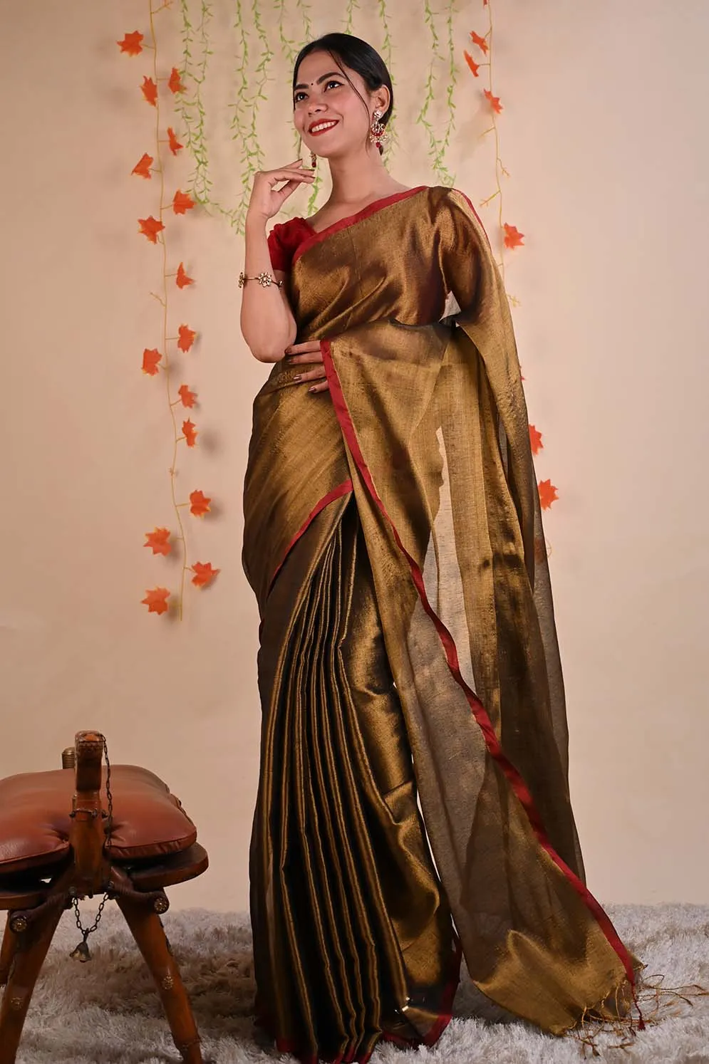 Ready To Wear Premium Organza Tissue With Tassels Dhoop Chaanv  On Pallu  Wrap in 1 minute saree