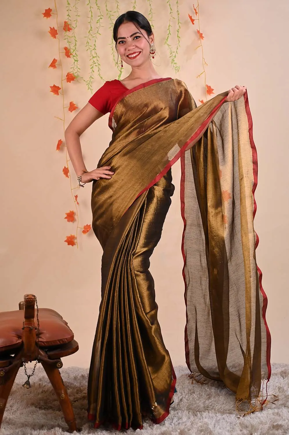 Ready To Wear Premium Organza Tissue With Tassels Dhoop Chaanv  On Pallu  Wrap in 1 minute saree