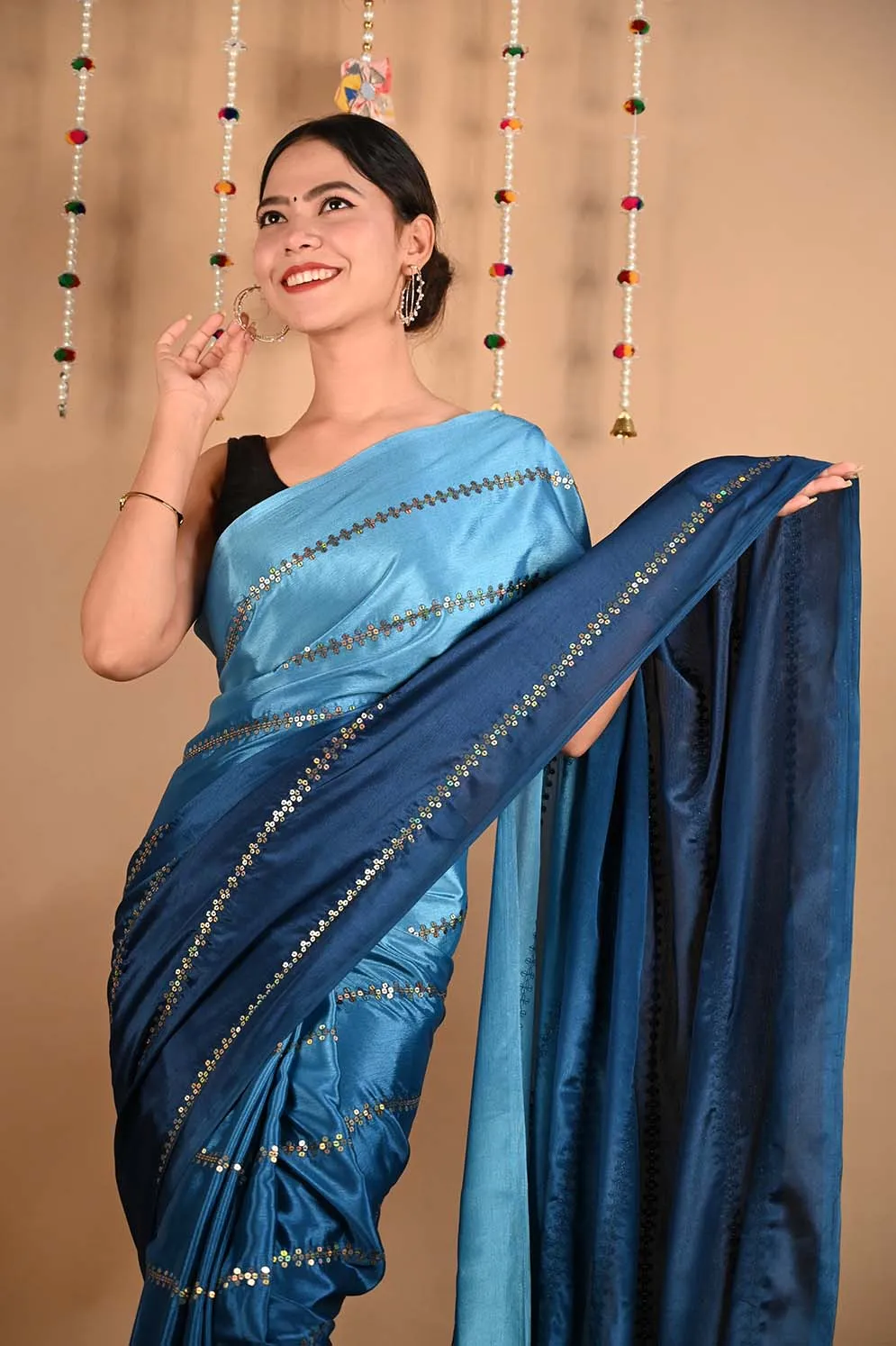 Ready To Wear Premium Soft Satin Silk Blue ombre With Sequin Embellished & Ornate palla Wrap in 1 minute saree